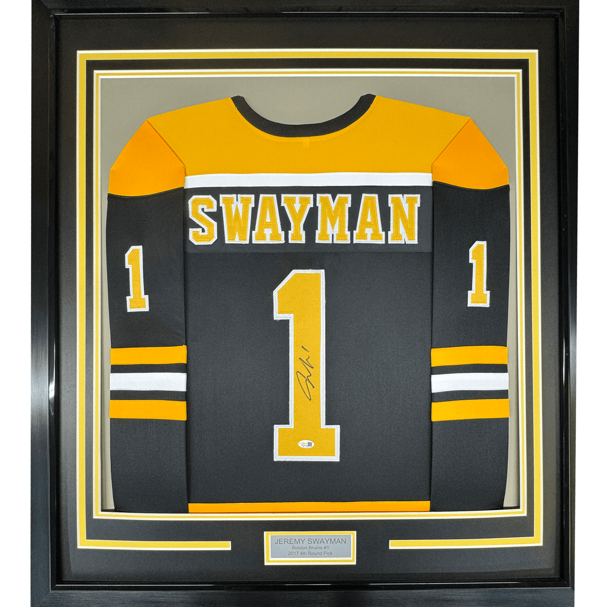 Framed Autographed/Signed Jeremy Swayman 35x39 Boston Black Hockey Jersey JSA COA