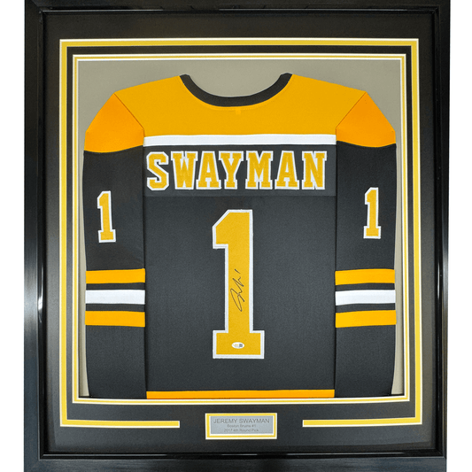 Framed Autographed/Signed Jeremy Swayman 35x39 Boston Black Hockey Jersey JSA COA