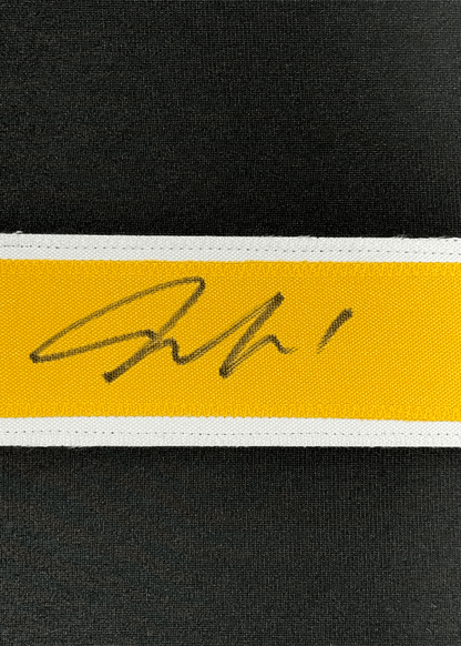 Framed Autographed/Signed Jeremy Swayman 35x39 Boston Black Hockey Jersey JSA COA