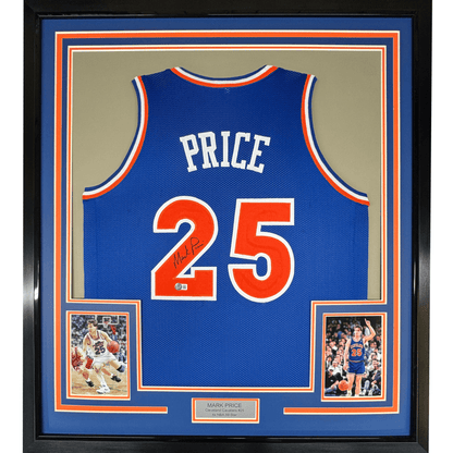 Framed Autographed/Signed Mark Price 35x39 Cleveland Blue Basketball Jersey PSA COA