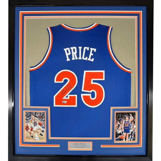 Framed Autographed/Signed Mark Price 35x39 Cleveland Blue Basketball Jersey PSA COA