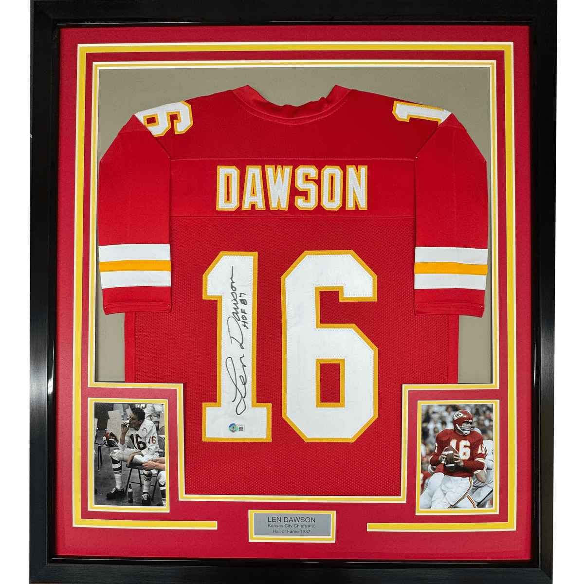 Framed Autographed/Signed Len Dawson 35x39 HOF 87 Kansas City Red Football Jersey JSA COA