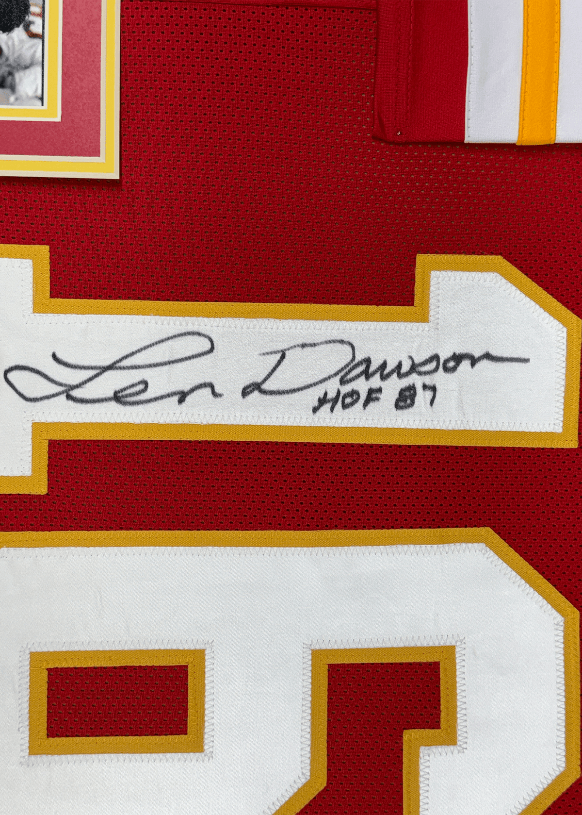 Framed Autographed/Signed Len Dawson 35x39 HOF 87 Kansas City Red Football Jersey JSA COA