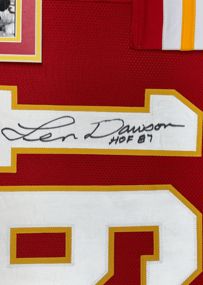 Framed Autographed/Signed Len Dawson 35x39 HOF 87 Kansas City Red Football Jersey JSA COA