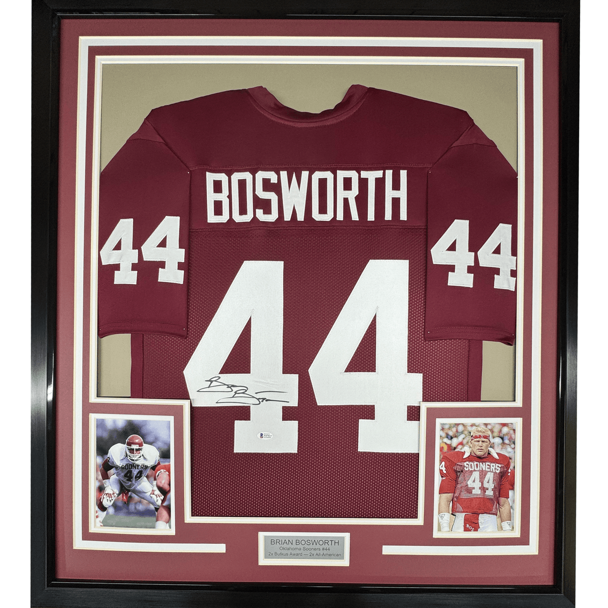 Framed Autographed/Signed Brian Bosworth 35x39 Oklahoma Red College Football Jersey JSA COA