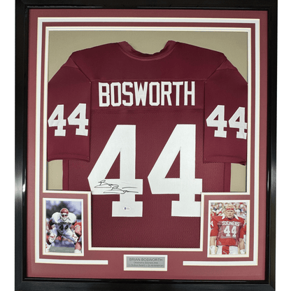 Framed Autographed/Signed Brian Bosworth 35x39 Oklahoma Red College Football Jersey JSA COA