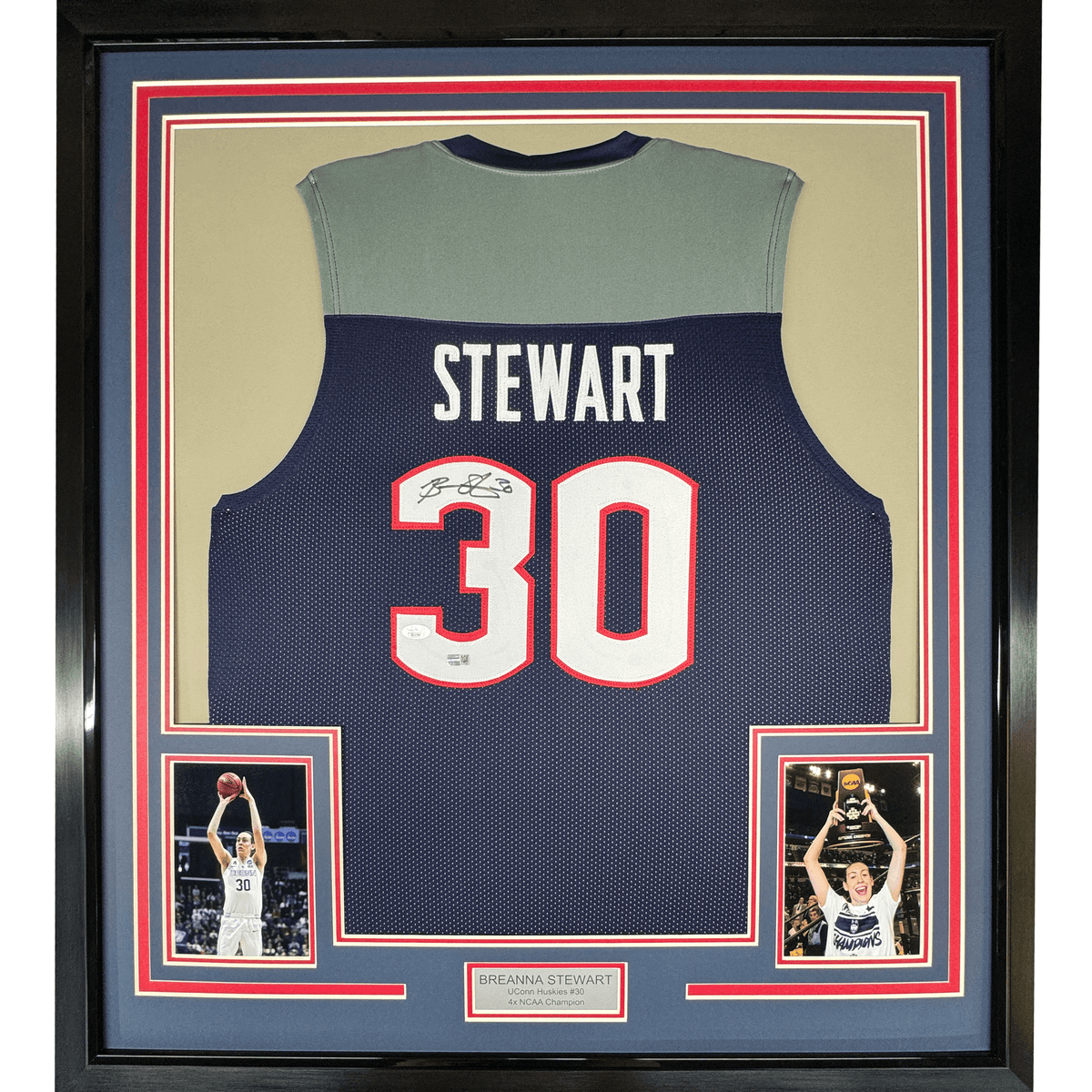 Framed Autographed/Signed Breanna Stewart 35x39 UConn Connecticut Blue College Basketball Jersey JSA COA