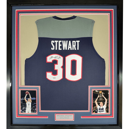 Framed Autographed/Signed Breanna Stewart 35x39 UConn Connecticut Blue College Basketball Jersey JSA COA