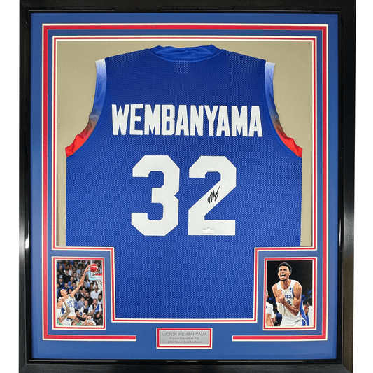 Framed Facsimile Autographed Victor Wembanyama 35x39 France Blue Reprint Laser Auto Basketball Jersey