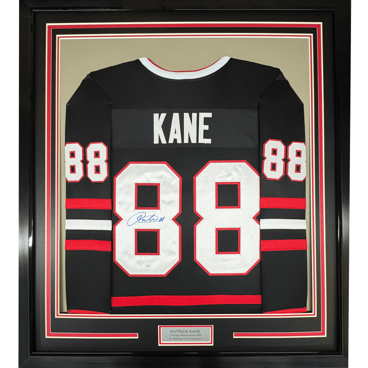 Framed Autographed/Signed Patrick Kane 35x39 Chicago Black Hockey Jersey JSA COA