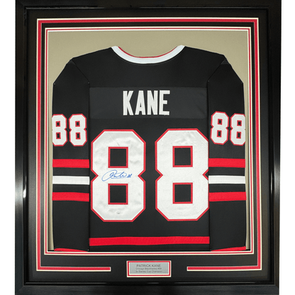 Framed Autographed/Signed Patrick Kane 35x39 Chicago Black Hockey Jersey JSA COA