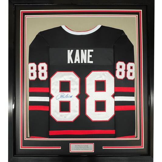 Framed Autographed/Signed Patrick Kane 35x39 Chicago Black Hockey Jersey JSA COA