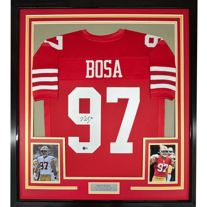 Framed Autographed/Signed Nick Bosa 35x39 San Francisco Red Football Jersey JSA COA