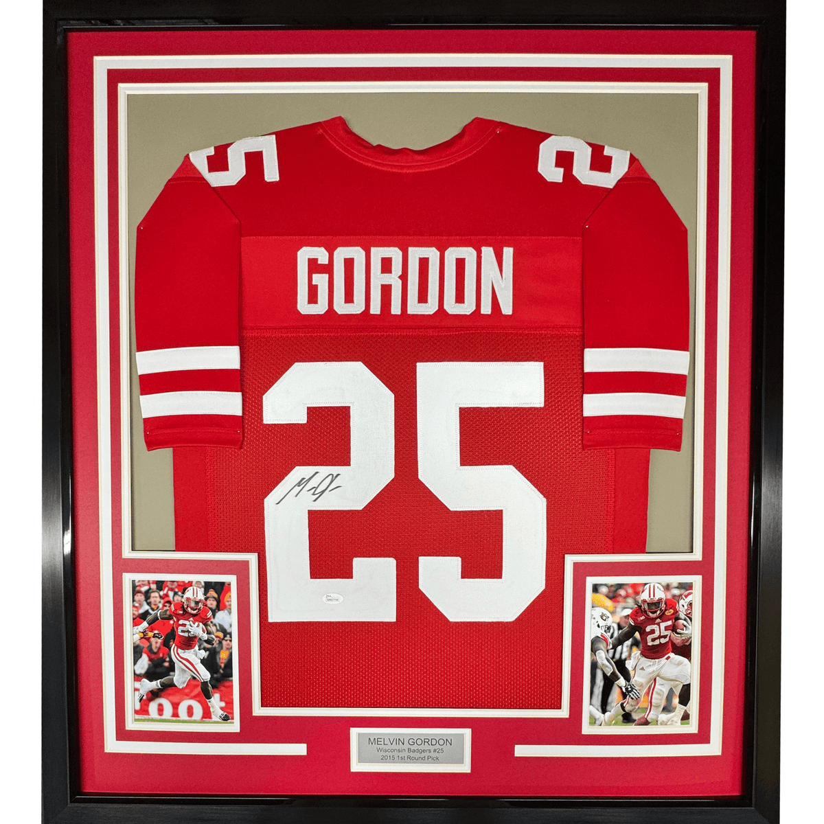 Framed Autographed/Signed Melvin Gordon 35x39 Wisconsin Red College Football Jersey JSA COA