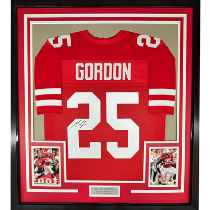 Framed Autographed/Signed Melvin Gordon 35x39 Wisconsin Red College Football Jersey JSA COA