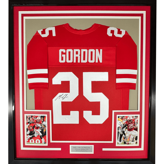 Framed Autographed/Signed Melvin Gordon 35x39 Wisconsin Red College Football Jersey JSA COA