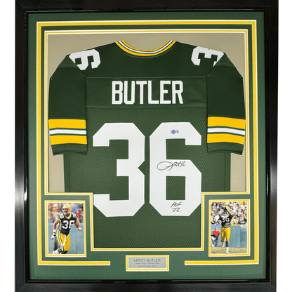 Framed Autographed/Signed Leroy Butler 35x39 Green Bay Green Football Jersey Beckett BAS COA