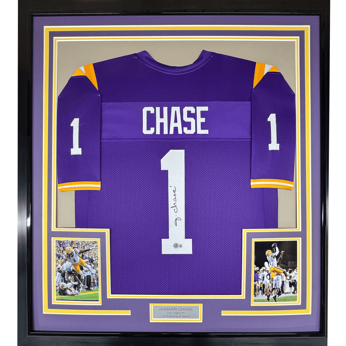 Framed Autographed/Signed Ja'Marr Chase 35x39 LSU Purple College Football Jersey Beckett BAS COA