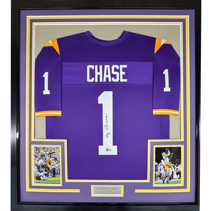 Framed Autographed/Signed Ja'Marr Chase 35x39 LSU Purple College Football Jersey Beckett BAS COA