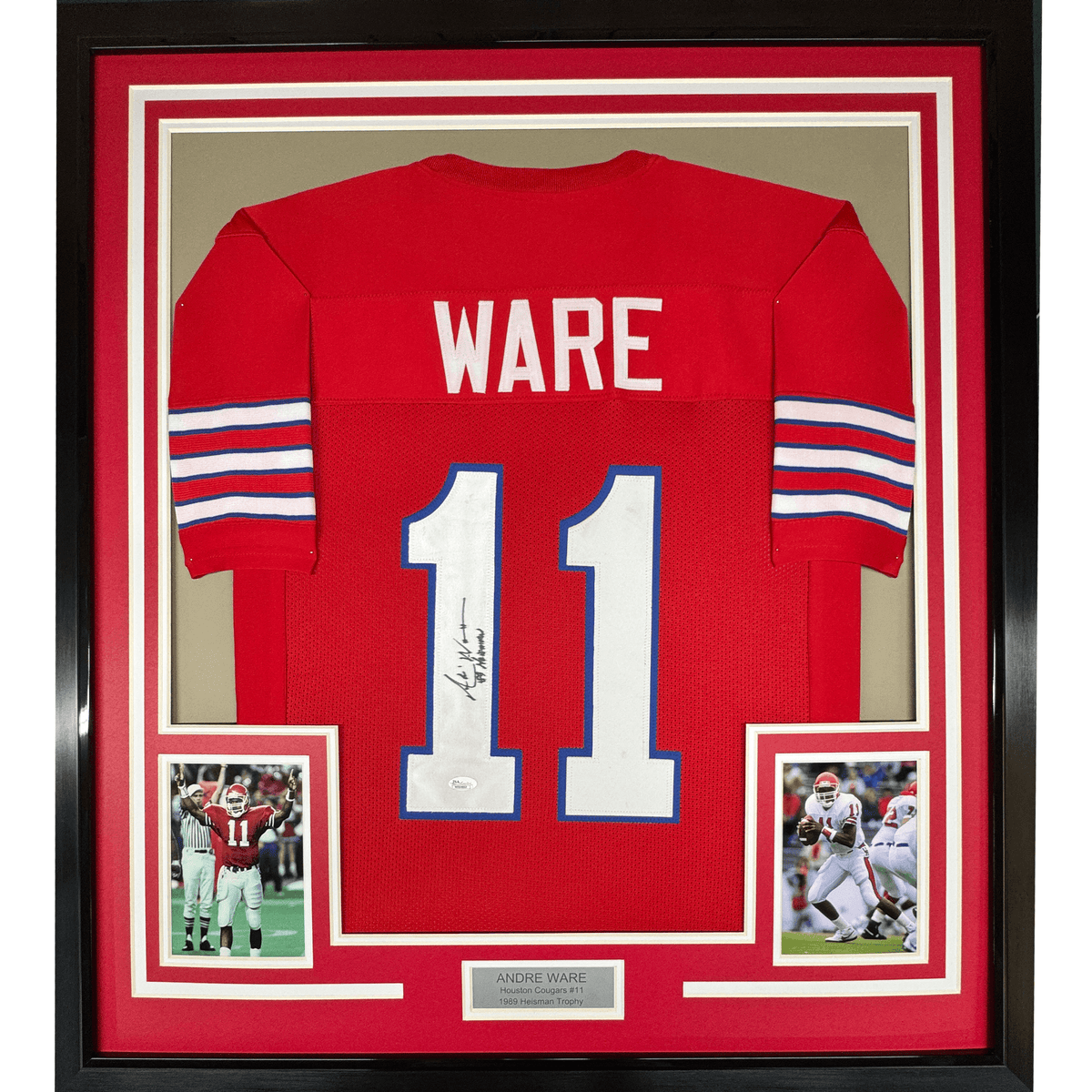 Framed Autographed/Signed Andre Ware 35x39 89 Heisman Houston Red College Football Jersey JSA COA