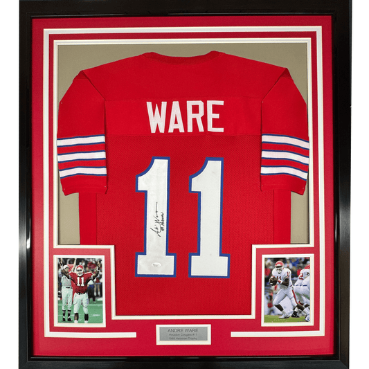 Framed Autographed/Signed Andre Ware 35x39 89 Heisman Houston Red College Football Jersey JSA COA