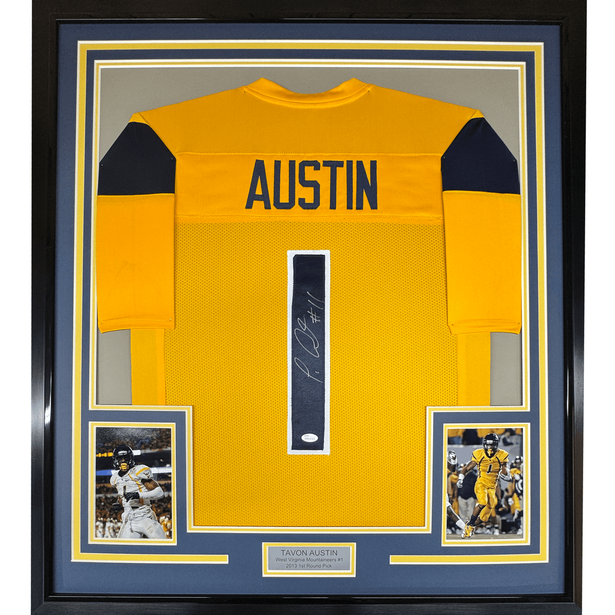 Framed Autographed/Signed Tavon Austin 35x39 West Virginia Yellow College Football Jersey JSA COA