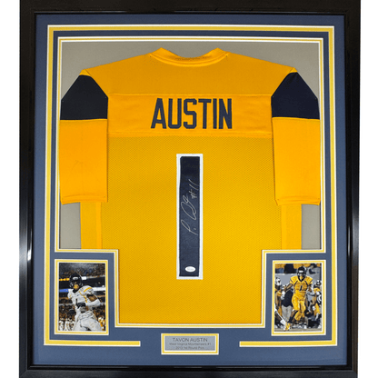 Framed Autographed/Signed Tavon Austin 35x39 West Virginia Yellow College Football Jersey JSA COA