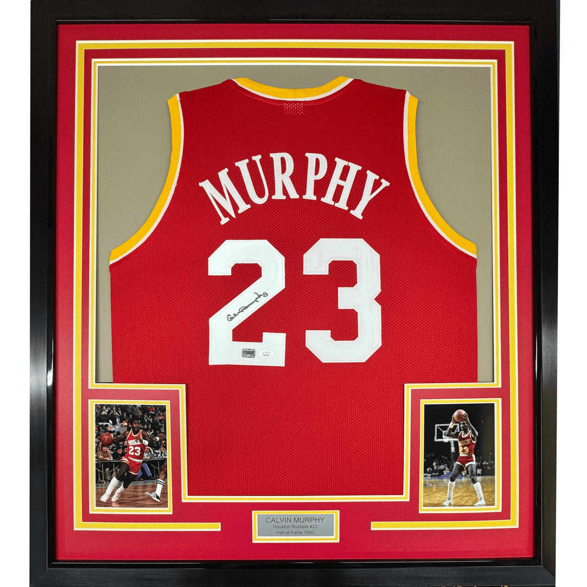 Framed Autographed/Signed Calvin Murphy 35x39 Houston Red Basketball Jersey PSA/DNA COA