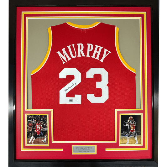 Framed Autographed/Signed Calvin Murphy 35x39 Houston Red Basketball Jersey PSA/DNA COA