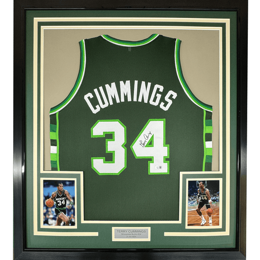 Framed Autographed/Signed Terry Cummings 35x39 Milwaukee Green Basketball Jersey Beckett BAS COA