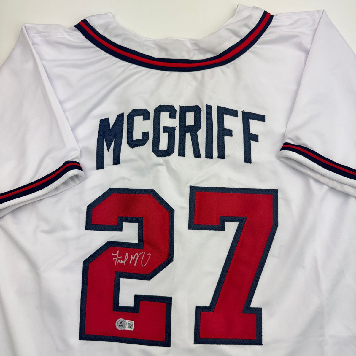 Autographed/Signed Fred McGriff Atlanta White Baseball Jersey Beckett BAS COA