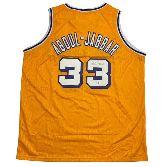 Autographed/Signed Kareem Abdul-Jabbar Los Angeles Yellow Basketball Jersey JSA COA