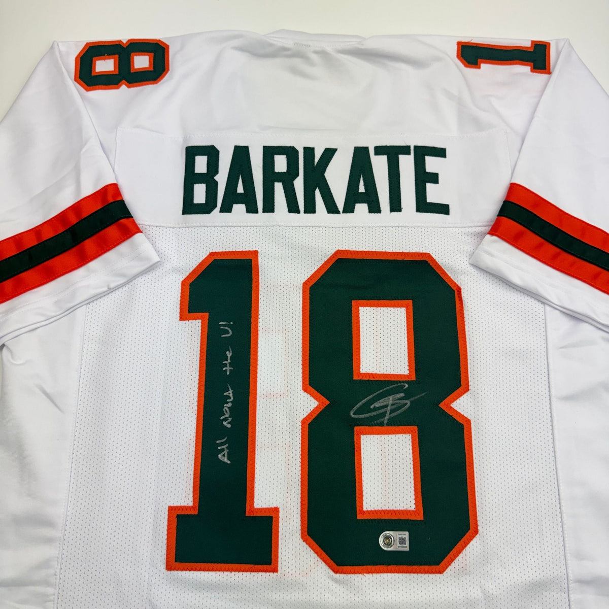 Autographed/Signed Cooper Barkate Miami White College Football Jersey Beckett BAS COA