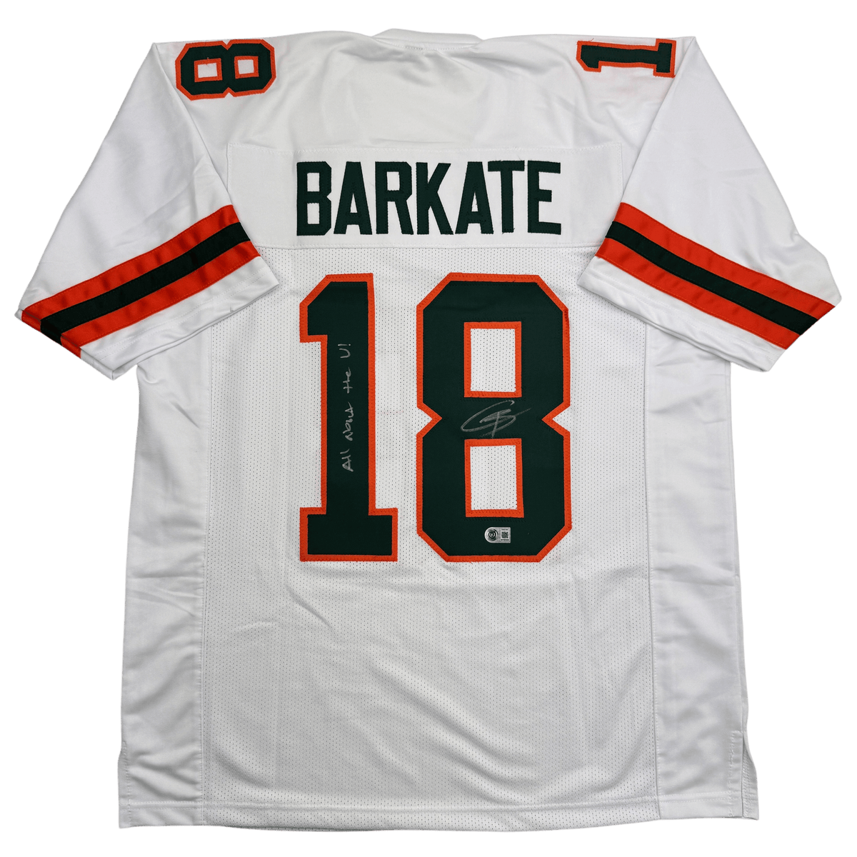 Autographed/Signed Cooper Barkate Miami White College Football Jersey Beckett BAS COA