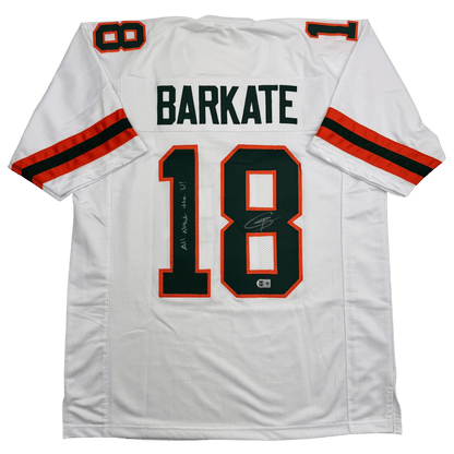 Autographed/Signed Cooper Barkate Miami White College Football Jersey Beckett BAS COA