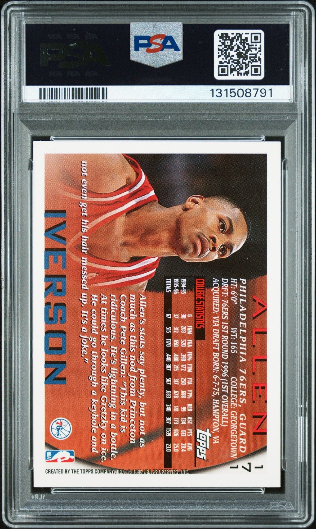 Graded 1996 Topps Allen Iverson #171 Rookie RC Basketball Card PSA 10 Auto Grade Gem Mint