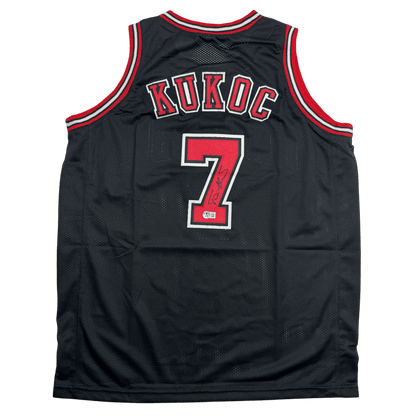Autographed/Signed Toni Kukoc Chicago Black Basketball Jersey Beckett BAS COA