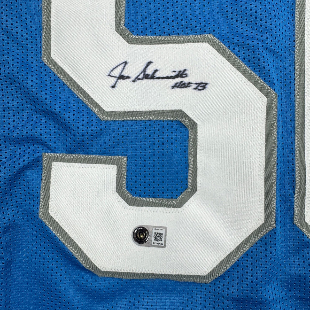 Autographed/Signed Joe Schmidt HOF 73 Detroit Blue Football Jersey Beckett BAS COA