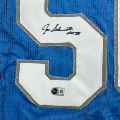 Autographed/Signed Joe Schmidt HOF 73 Detroit Blue Football Jersey Beckett BAS COA