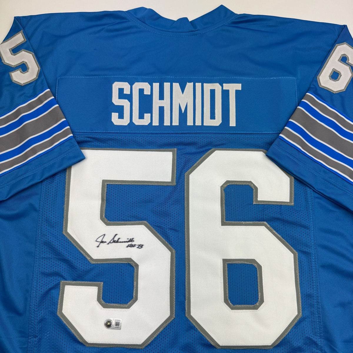 Autographed/Signed Joe Schmidt HOF 73 Detroit Blue Football Jersey Beckett BAS COA