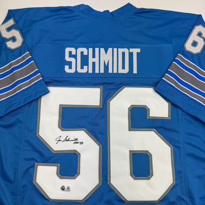 Autographed/Signed Joe Schmidt HOF 73 Detroit Blue Football Jersey Beckett BAS COA