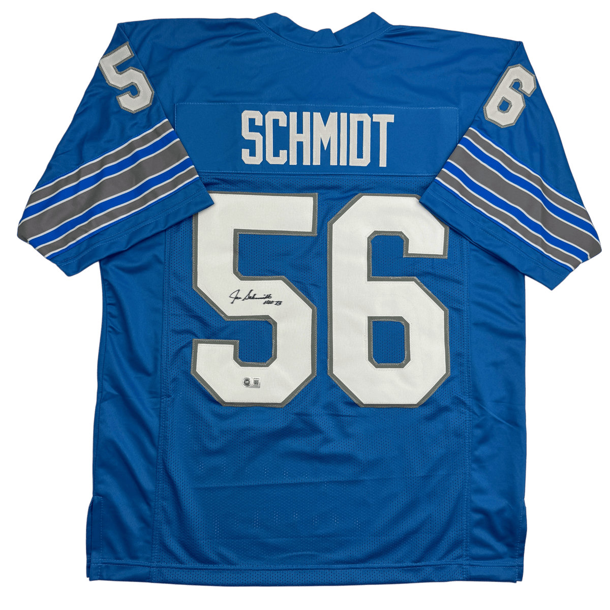 Autographed/Signed Joe Schmidt HOF 73 Detroit Blue Football Jersey Beckett BAS COA