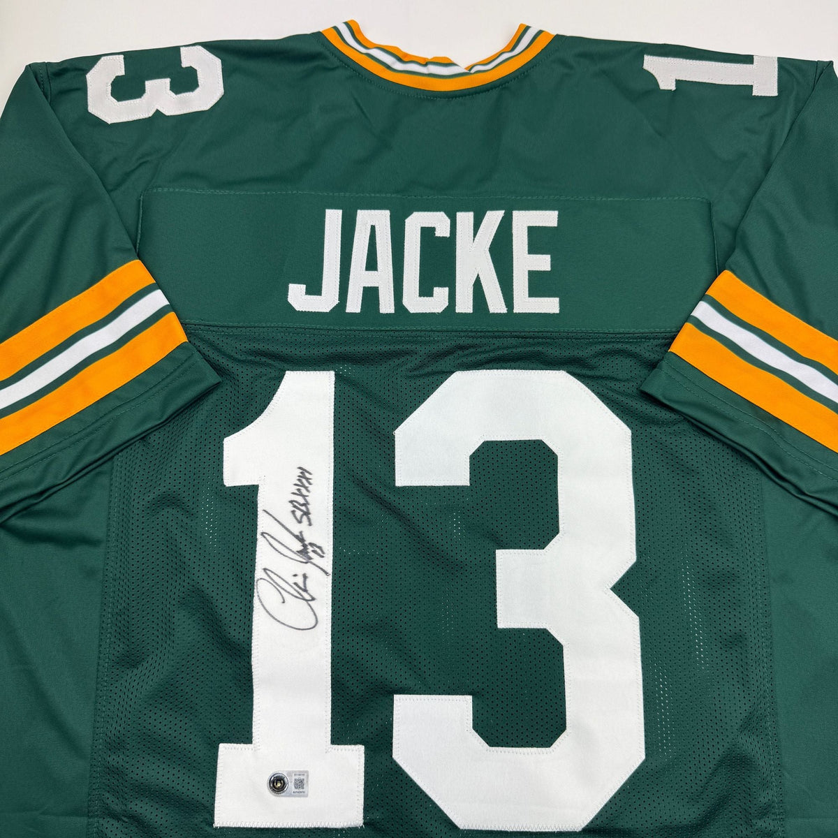 Autographed/Signed Chris Jacke SB XXXI Green Bay Green Football Jersey Beckett BAS COA