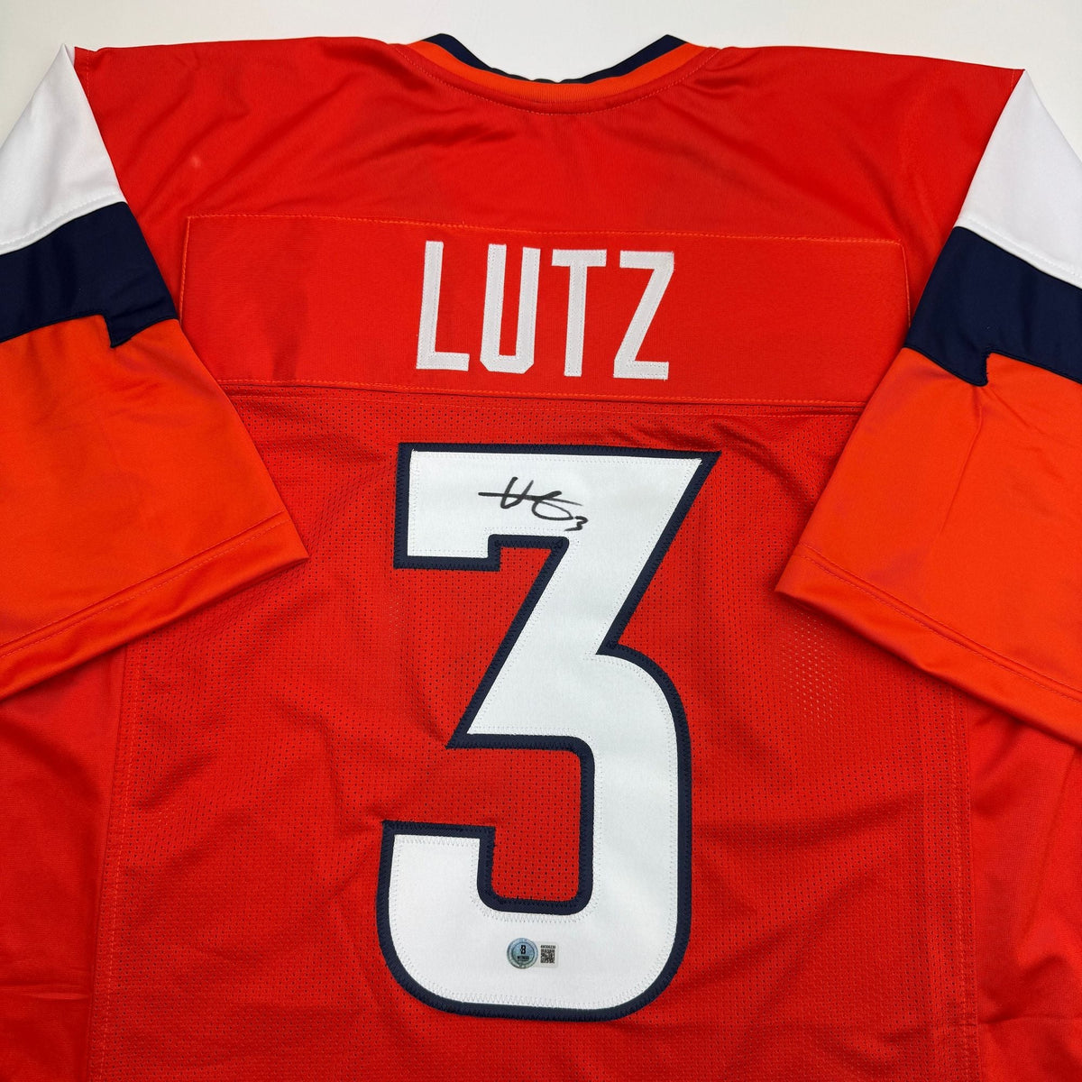 Autographed/Signed Will Lutz Denver Current Orange Football Jersey Beckett BAS COA