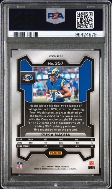 Graded 2023 Panini Prizm Puka Nacua #357 Silver Prizm Rookie RC Football Card PSA 10 Gem Mint