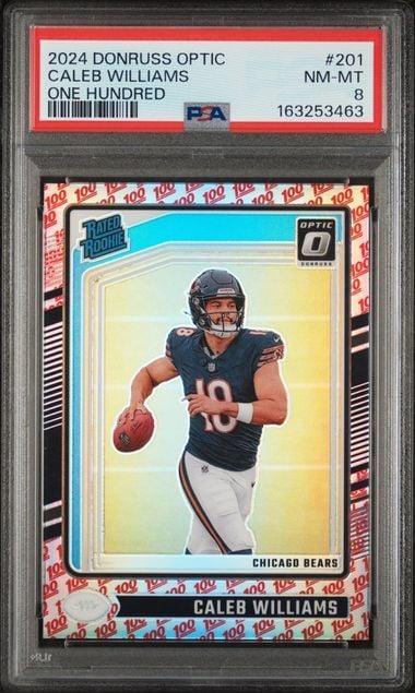 Graded 2024 Panini Donruss Optic Caleb Williams #201 One Hundred Emoji Rookie RC Football Card PSA 8 NM-MT