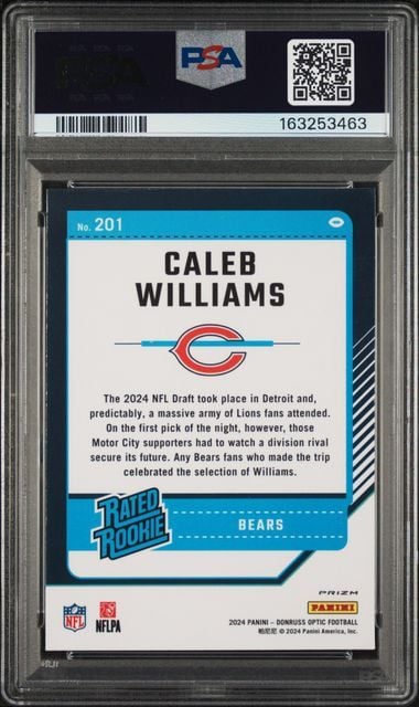 Graded 2024 Panini Donruss Optic Caleb Williams #201 One Hundred Emoji Rookie RC Football Card PSA 8 NM-MT
