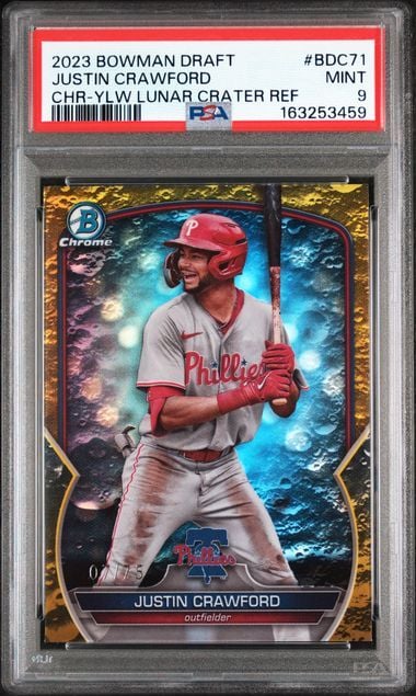 Graded 2023 Bowman Chrome Draft Justin Crawford #BDC71 Yellow Lunar Crater Ref /75 Rookie RC Baseball Card PSA 9 Mint