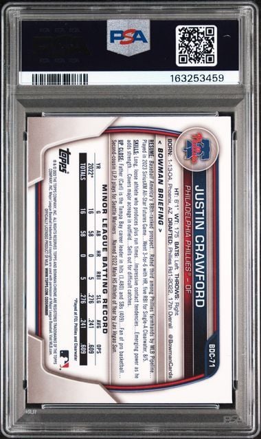 Graded 2023 Bowman Chrome Draft Justin Crawford #BDC71 Yellow Lunar Crater Ref /75 Rookie RC Baseball Card PSA 9 Mint