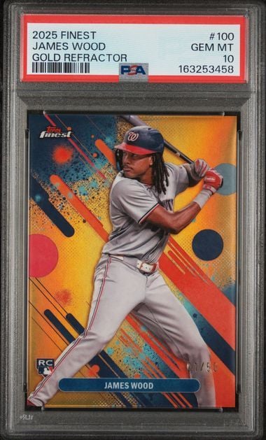 Graded 2025 Topps Finest James Wood #100 Gold Refractor /50 Rookie RC Baseball Card PSA 10 Gem Mint